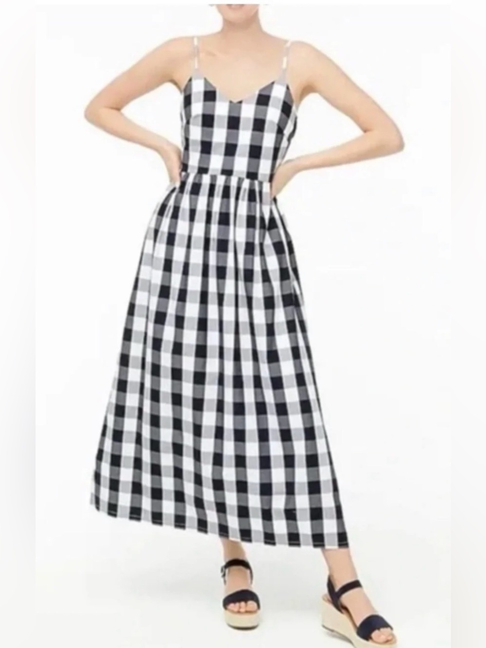 J CREW Gingham Maxi Dress SIZE 14  Smocked Bodice Black & White Checked Cotton